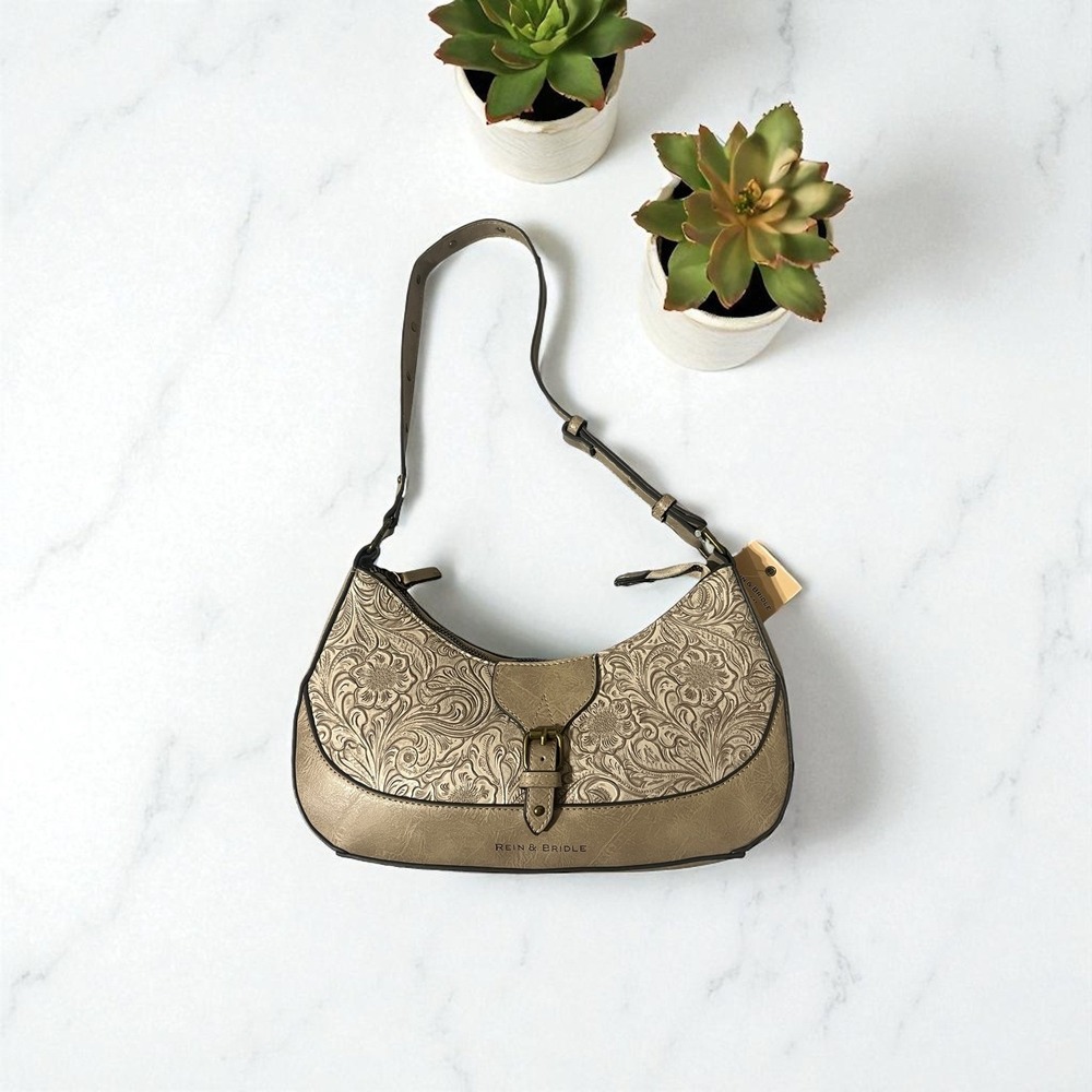 Rein &‎ Bridle Taupe Floral Embossed Faux Leather Shoulder Bag Purse